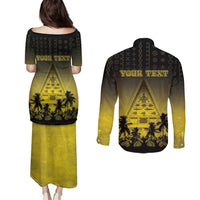 Personalised Palau Independence Day Couples Matching Puletasi and Long Sleeve Button Shirt Palauan Tattoo Pattern - Polynesian Pride