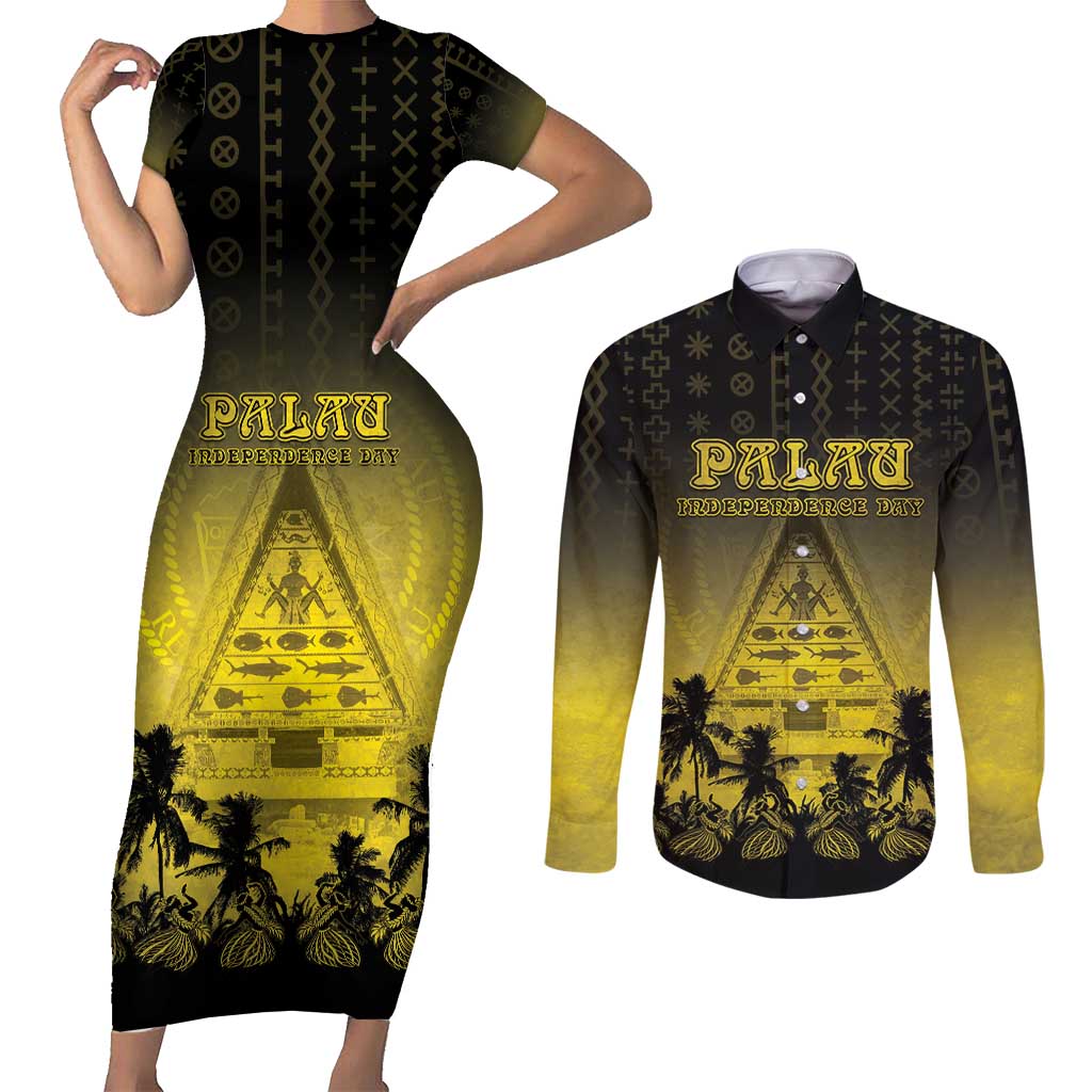 Personalised Palau Independence Day Couples Matching Short Sleeve Bodycon Dress and Long Sleeve Button Shirt Palauan Tattoo Pattern - Polynesian Pride