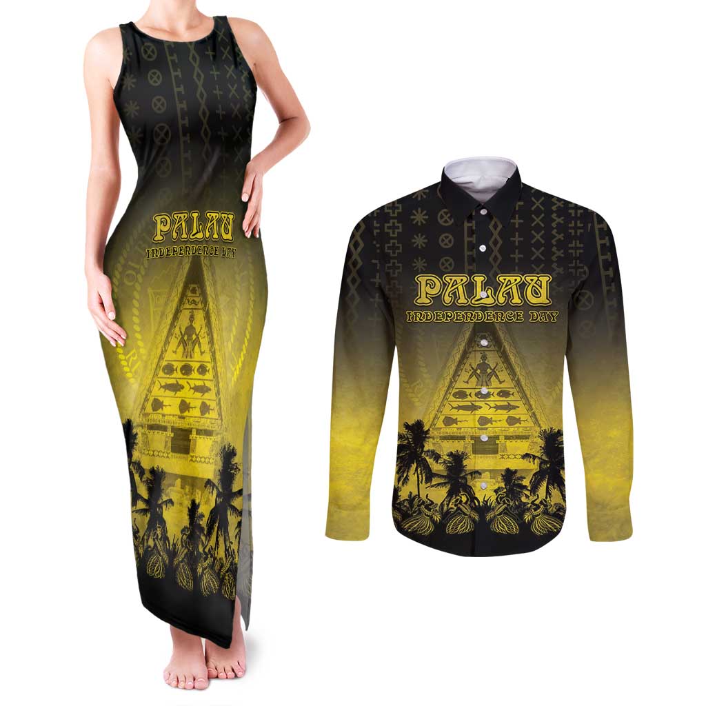 Personalised Palau Independence Day Couples Matching Tank Maxi Dress and Long Sleeve Button Shirt Palauan Tattoo Pattern - Polynesian Pride