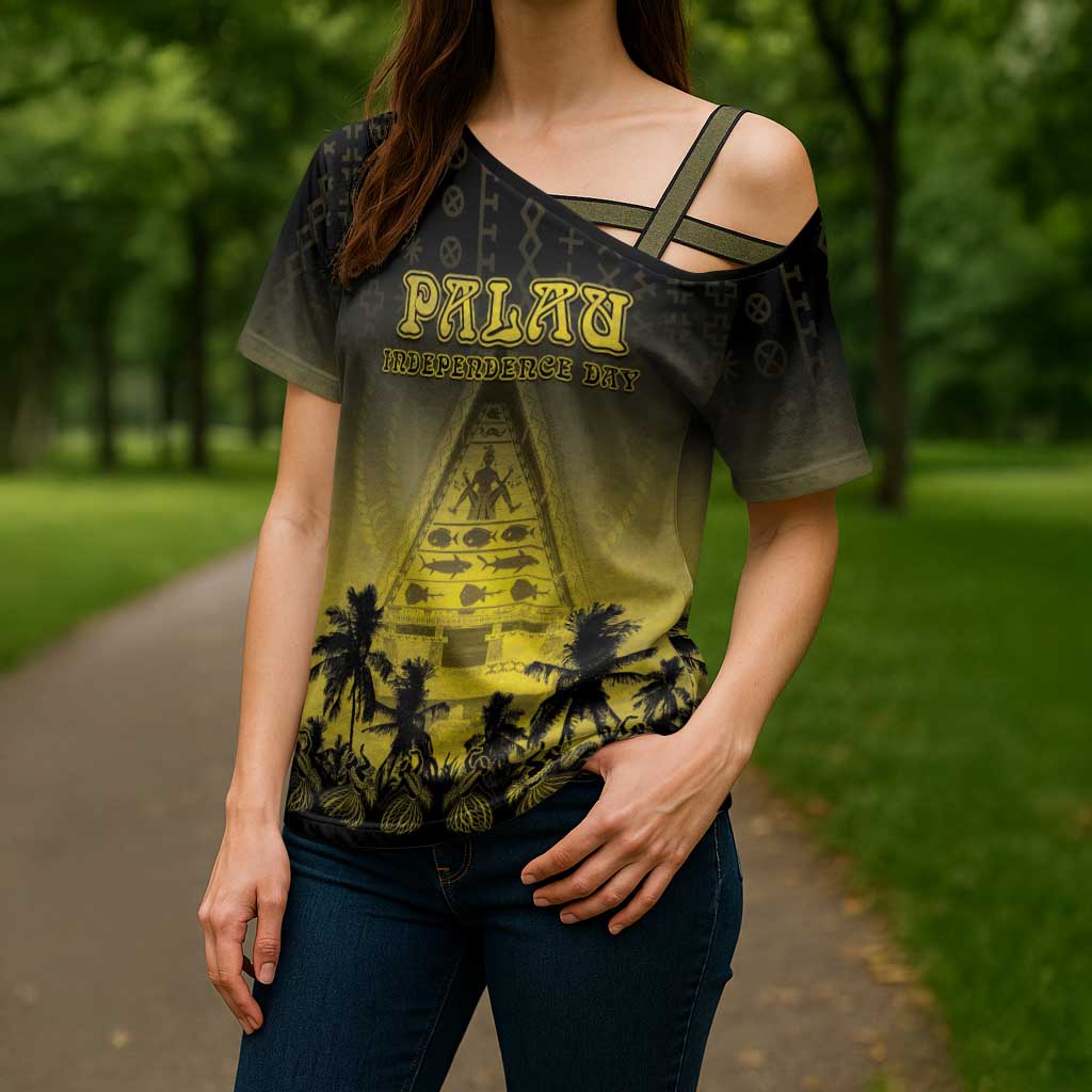 Personalised Palau Independence Day Cross Shoulder Shirt Palauan Tattoo Pattern - Polynesian Pride