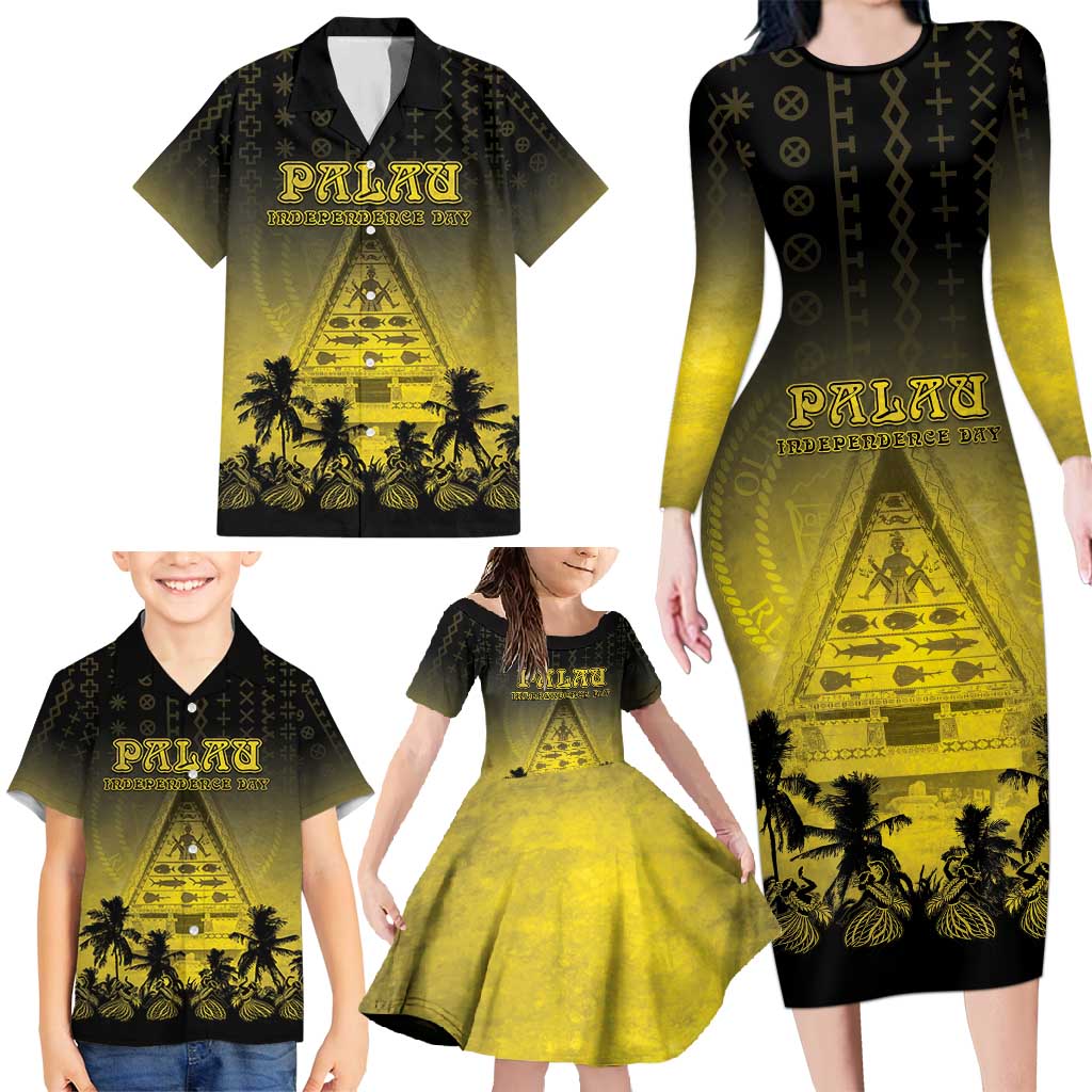 Personalised Palau Independence Day Family Matching Long Sleeve Bodycon Dress and Hawaiian Shirt Palauan Tattoo Pattern - Polynesian Pride
