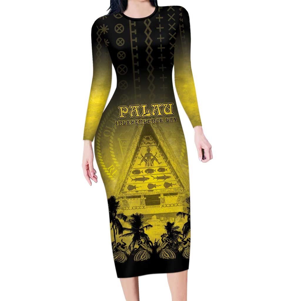 Personalised Palau Independence Day Family Matching Long Sleeve Bodycon Dress and Hawaiian Shirt Palauan Tattoo Pattern - Polynesian Pride