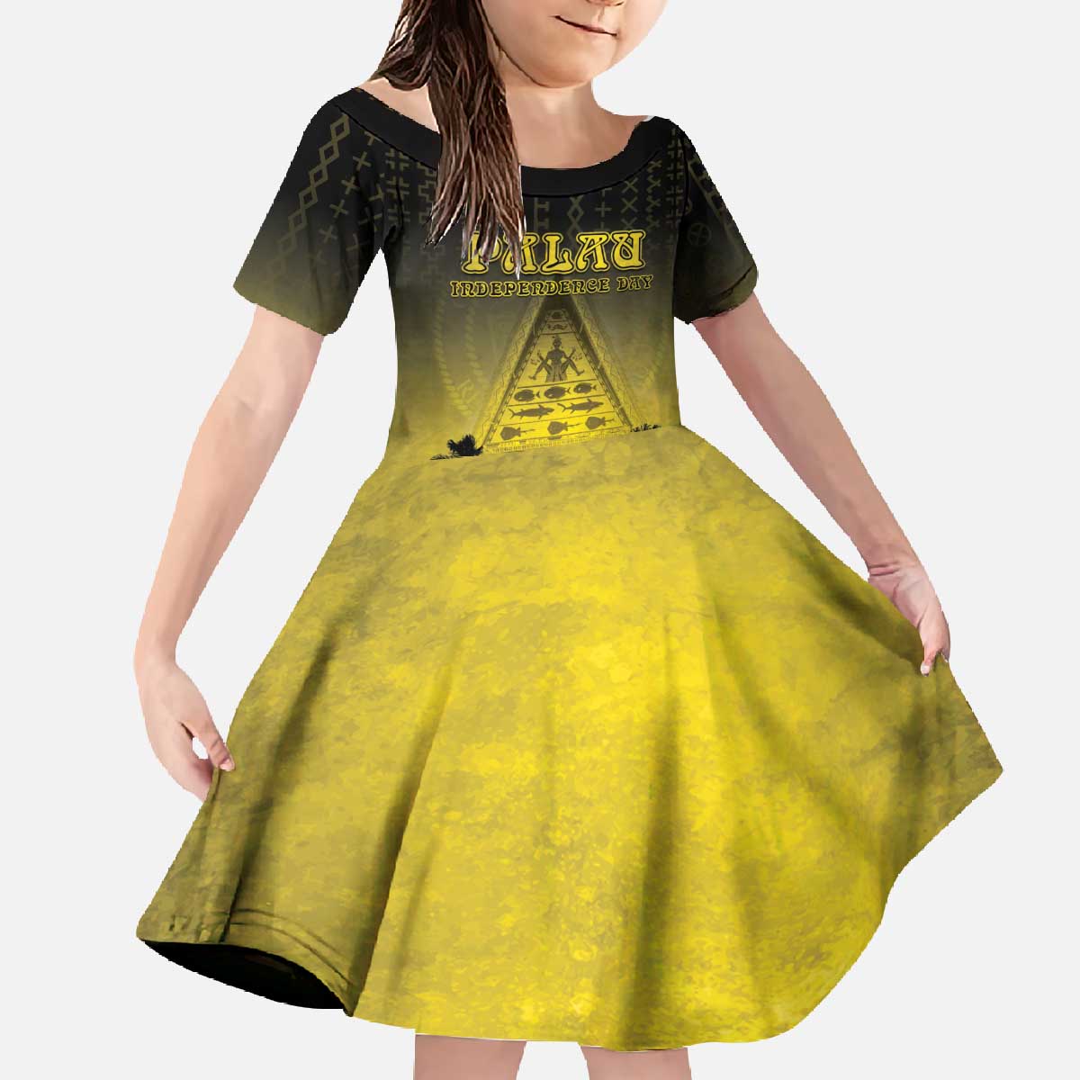 Personalised Palau Independence Day Family Matching Off The Shoulder Long Sleeve Dress and Hawaiian Shirt Palauan Tattoo Pattern - Polynesian Pride