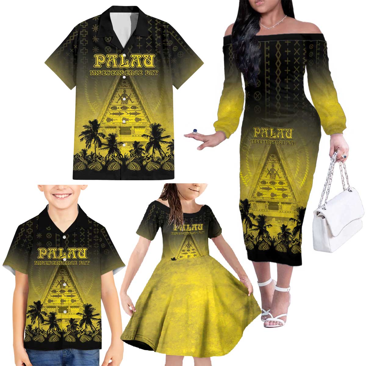 Personalised Palau Independence Day Family Matching Off The Shoulder Long Sleeve Dress and Hawaiian Shirt Palauan Tattoo Pattern - Polynesian Pride