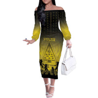 Personalised Palau Independence Day Family Matching Off The Shoulder Long Sleeve Dress and Hawaiian Shirt Palauan Tattoo Pattern - Polynesian Pride