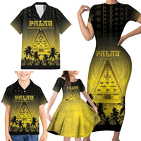 Personalised Palau Independence Day Family Matching Short Sleeve Bodycon Dress and Hawaiian Shirt Palauan Tattoo Pattern - Polynesian Pride