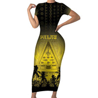 Personalised Palau Independence Day Family Matching Short Sleeve Bodycon Dress and Hawaiian Shirt Palauan Tattoo Pattern - Polynesian Pride