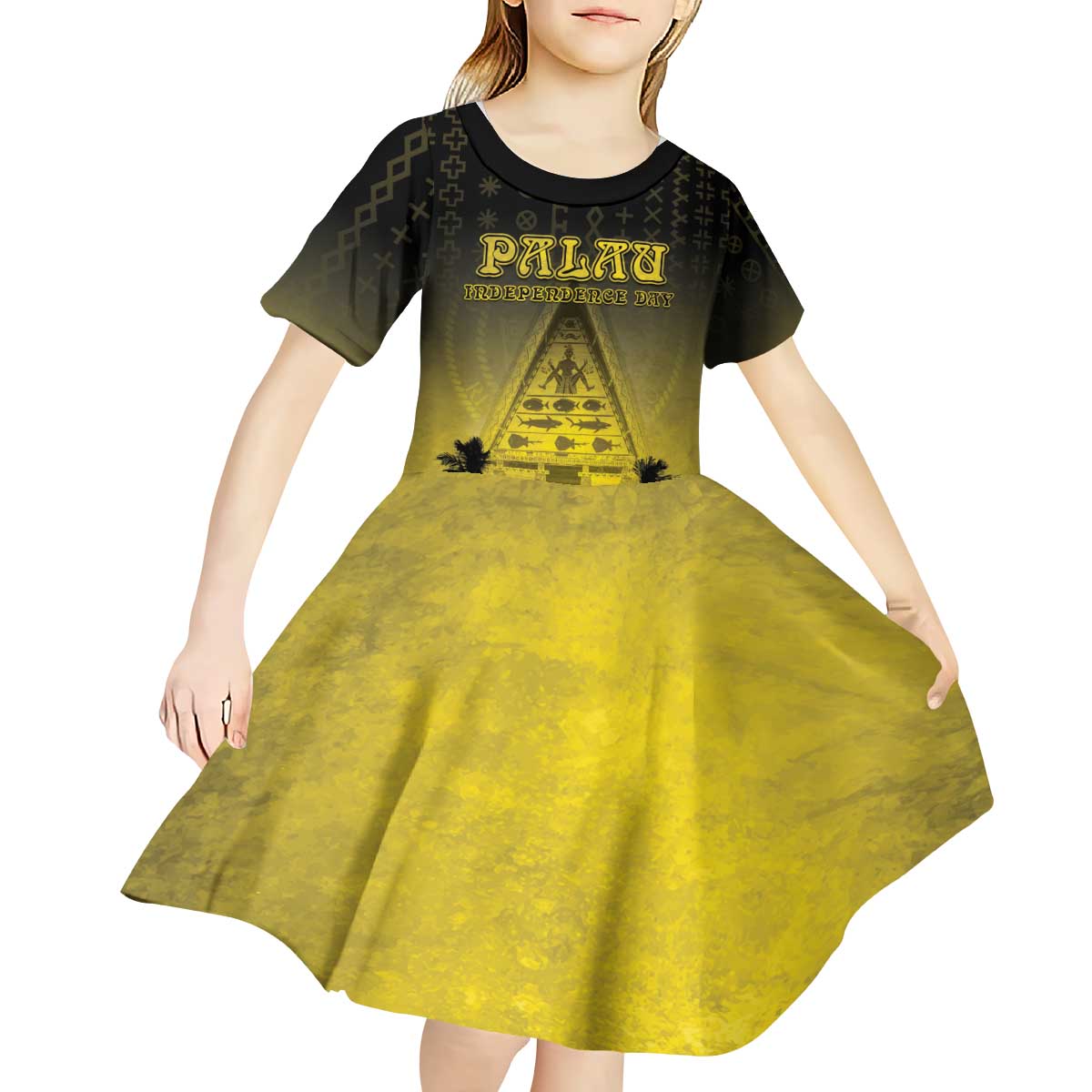 Personalised Palau Independence Day Kid Short Sleeve Dress Palauan Tattoo Pattern - Polynesian Pride