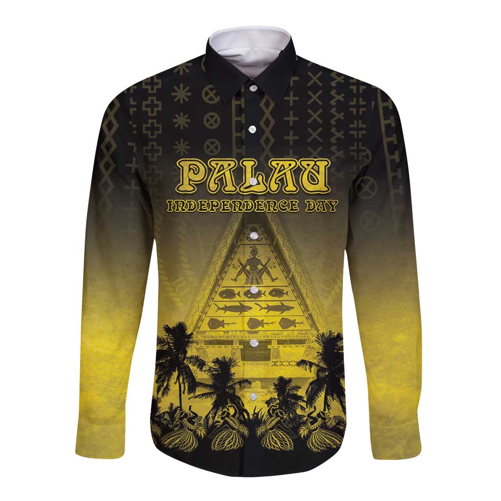 Personalised Palau Independence Day Long Sleeve Button Shirt Palauan Tattoo Pattern - Polynesian Pride