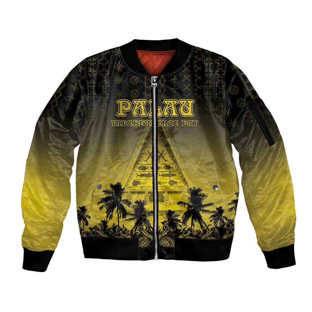 Personalised Palau Independence Day Sleeve Zip Bomber Jacket Palauan Tattoo Pattern - Polynesian Pride