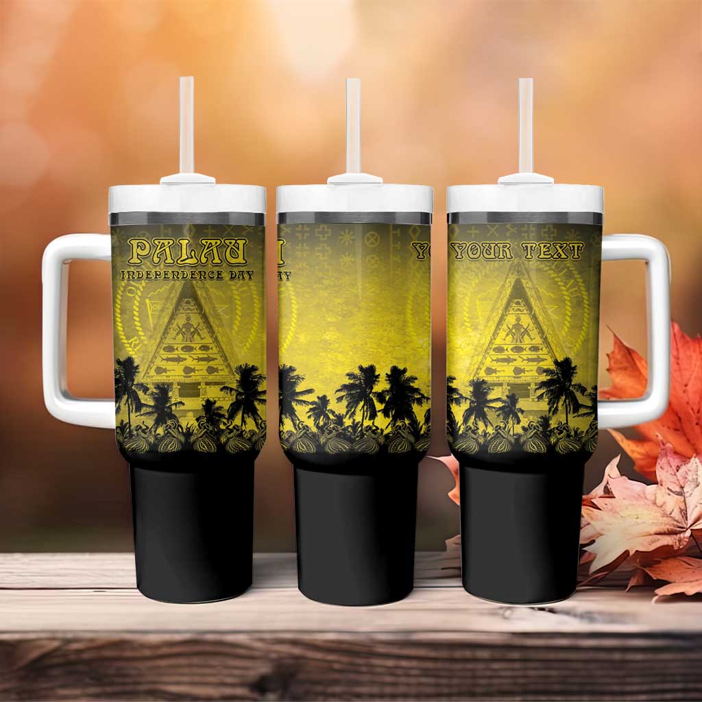 Personalised Palau Independence Day Tumbler With Handle Palauan Tattoo Pattern - Polynesian Pride