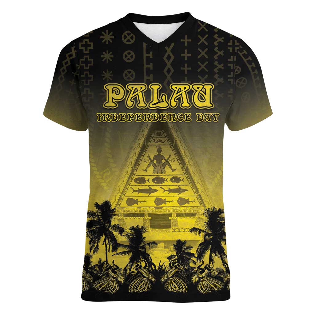 Personalised Palau Independence Day Women V-Neck T-Shirt Palauan Tattoo Pattern - Polynesian Pride