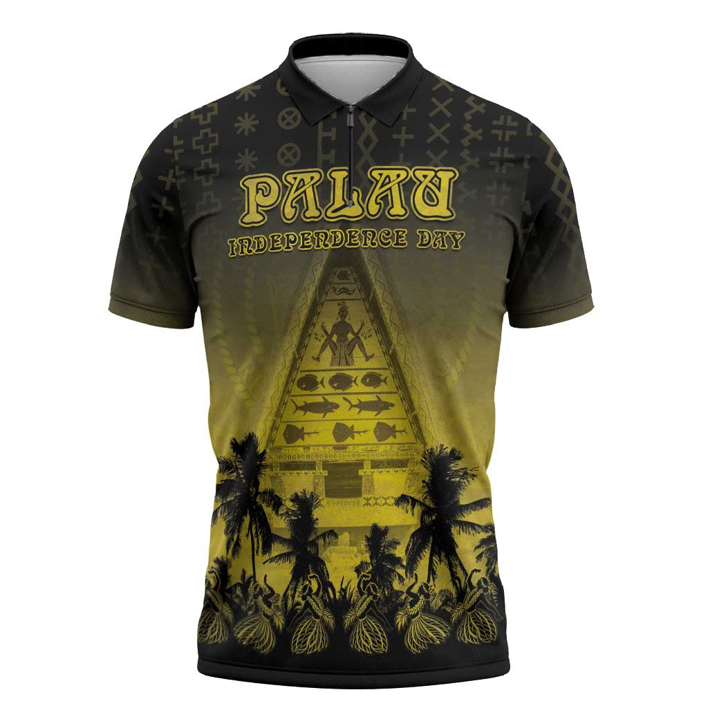 Personalised Palau Independence Day Zipper Polo Shirt Palauan Tattoo Pattern - Polynesian Pride