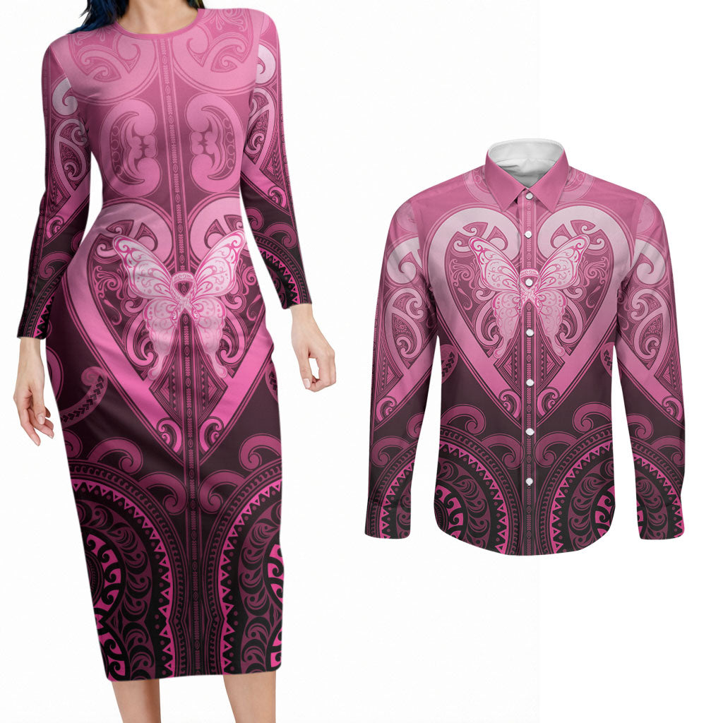 Aotearoa Breast Cancer Couples Matching Long Sleeve Bodycon Dress and Long Sleeve Button Shirt Maori Tribal Pattern LT05 Pink - Polynesian Pride