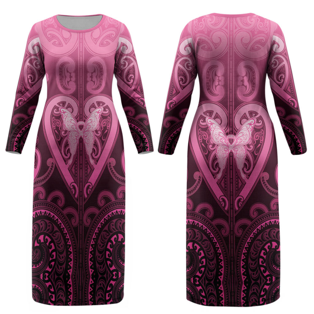 Aotearoa Breast Cancer Couples Matching Long Sleeve Bodycon Dress and Long Sleeve Button Shirt Maori Tribal Pattern LT05 - Polynesian Pride