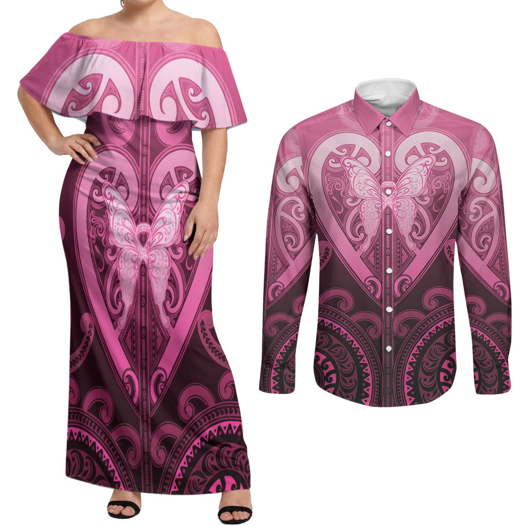 Aotearoa Breast Cancer Couples Matching Off Shoulder Maxi Dress and Long Sleeve Button Shirt Maori Tribal Pattern LT05 Pink - Polynesian Pride
