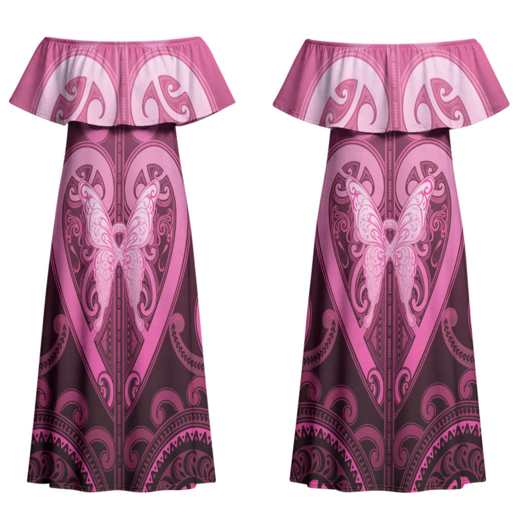 Aotearoa Breast Cancer Couples Matching Off Shoulder Maxi Dress and Long Sleeve Button Shirt Maori Tribal Pattern LT05 - Polynesian Pride