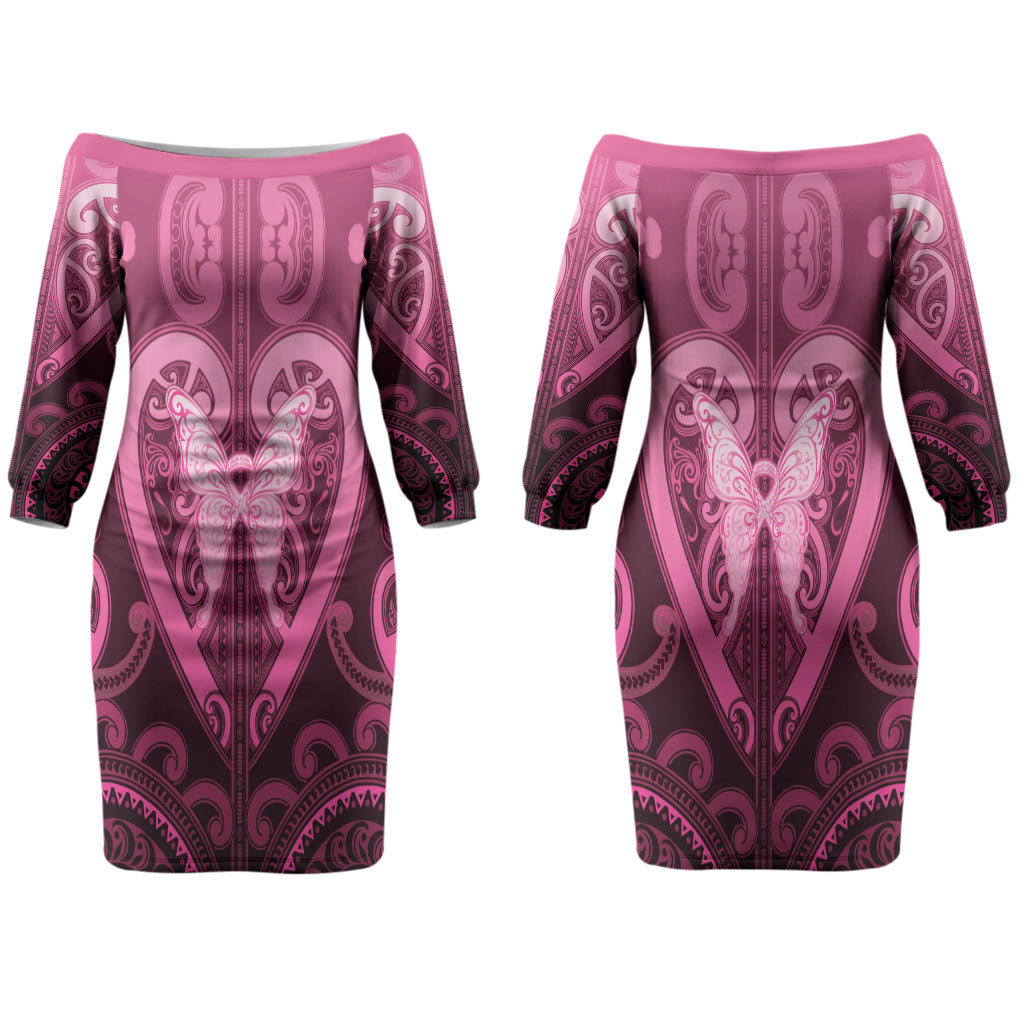 Aotearoa Breast Cancer Couples Matching Off The Shoulder Long Sleeve Dress and Long Sleeve Button Shirt Maori Tribal Pattern LT05 - Polynesian Pride