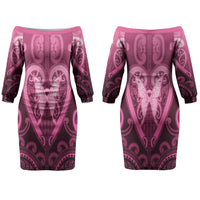 Aotearoa Breast Cancer Couples Matching Off The Shoulder Long Sleeve Dress and Long Sleeve Button Shirt Maori Tribal Pattern LT05 - Polynesian Pride