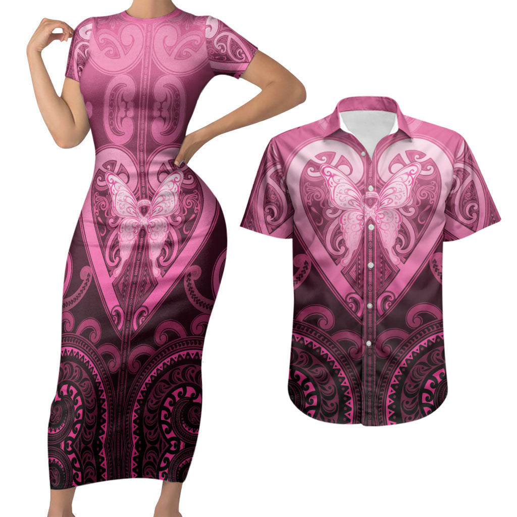 Aotearoa Breast Cancer Couples Matching Short Sleeve Bodycon Dress and Hawaiian Shirt Maori Tribal Pattern LT05 Pink - Polynesian Pride