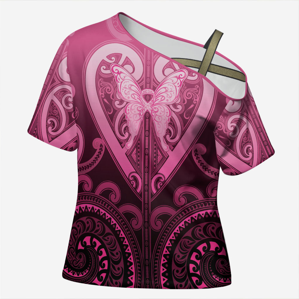 Aotearoa Breast Cancer Cross Shoulder Shirt Maori Tribal Pattern LT05 Female Pink - Polynesian Pride