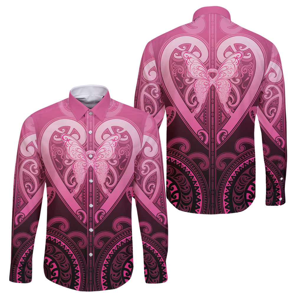 Aotearoa Breast Cancer Family Matching Mermaid Dress and Hawaiian Shirt Maori Tribal Pattern LT05 Dad's Shirt - Long Sleeve Pink - Polynesian Pride