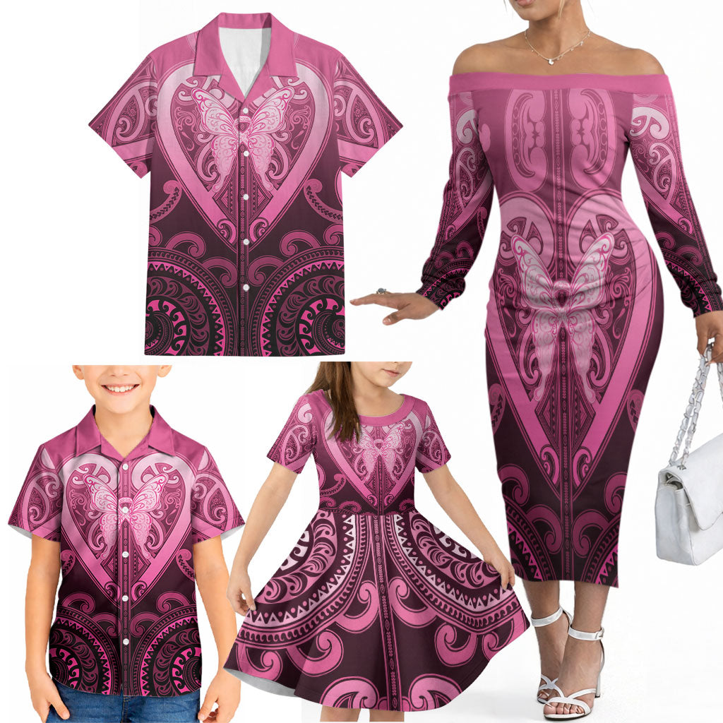 Aotearoa Breast Cancer Family Matching Off The Shoulder Long Sleeve Dress and Hawaiian Shirt Maori Tribal Pattern LT05 - Polynesian Pride