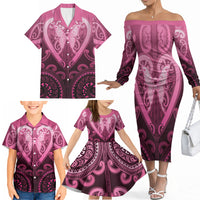 Aotearoa Breast Cancer Family Matching Off The Shoulder Long Sleeve Dress and Hawaiian Shirt Maori Tribal Pattern LT05 - Polynesian Pride