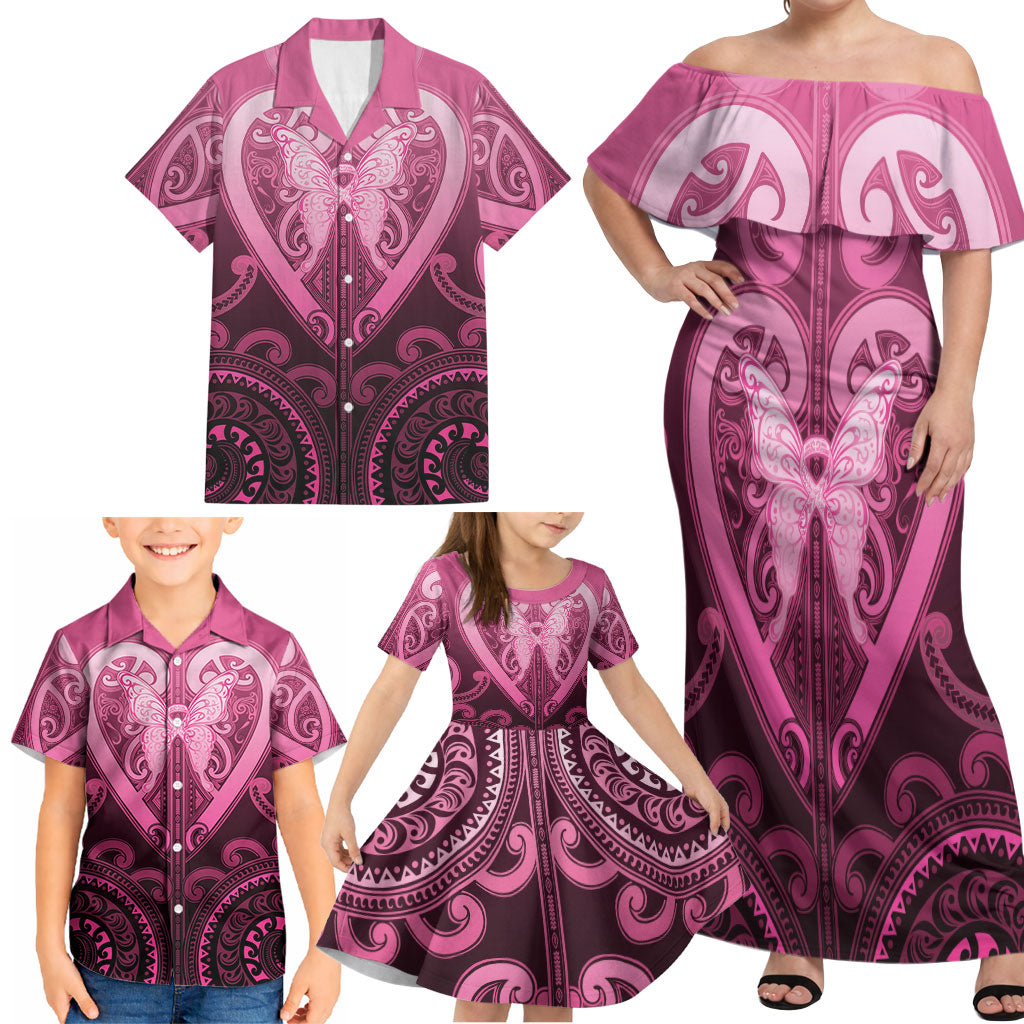 Aotearoa Breast Cancer Family Matching Off Shoulder Maxi Dress and Hawaiian Shirt Maori Tribal Pattern LT05 - Polynesian Pride