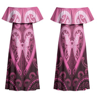 Aotearoa Breast Cancer Family Matching Off Shoulder Maxi Dress and Hawaiian Shirt Maori Tribal Pattern LT05 Mom's Dress Pink - Polynesian Pride