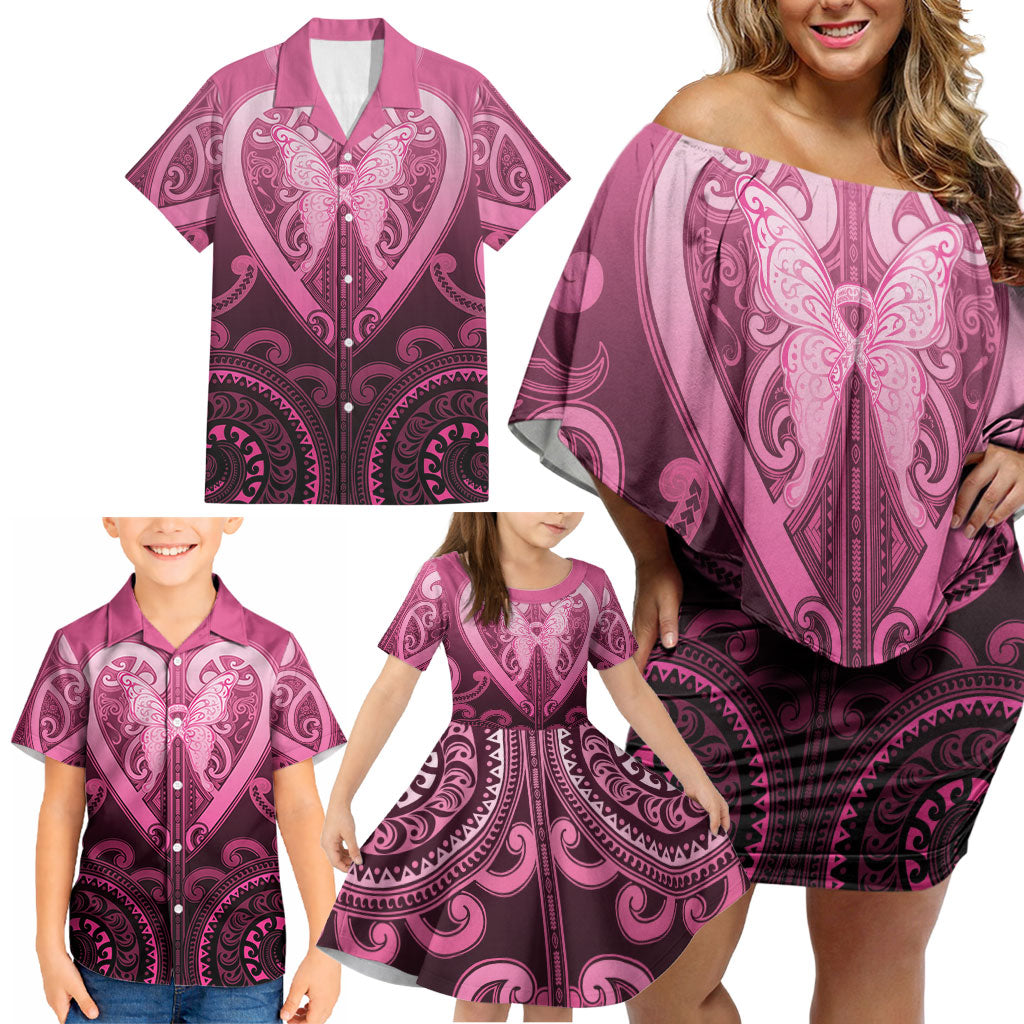 Aotearoa Breast Cancer Family Matching Off Shoulder Short Dress and Hawaiian Shirt Maori Tribal Pattern LT05 - Polynesian Pride