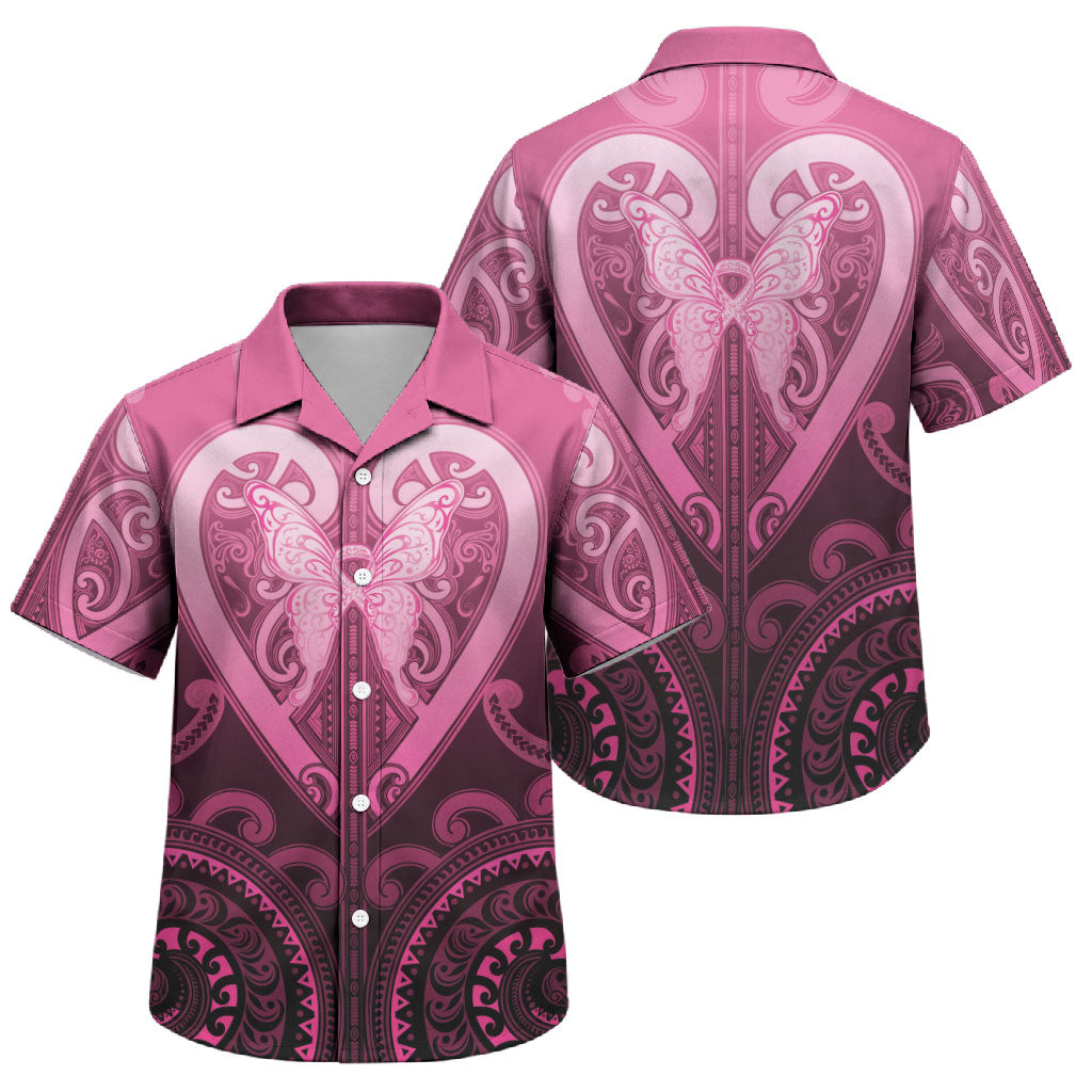 Aotearoa Breast Cancer Family Matching Off Shoulder Short Dress and Hawaiian Shirt Maori Tribal Pattern LT05 Son's Shirt Pink - Polynesian Pride