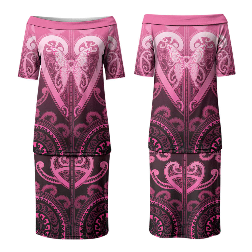 Aotearoa Breast Cancer Family Matching Puletasi and Hawaiian Shirt Maori Tribal Pattern LT05 Mom's Dress Pink - Polynesian Pride