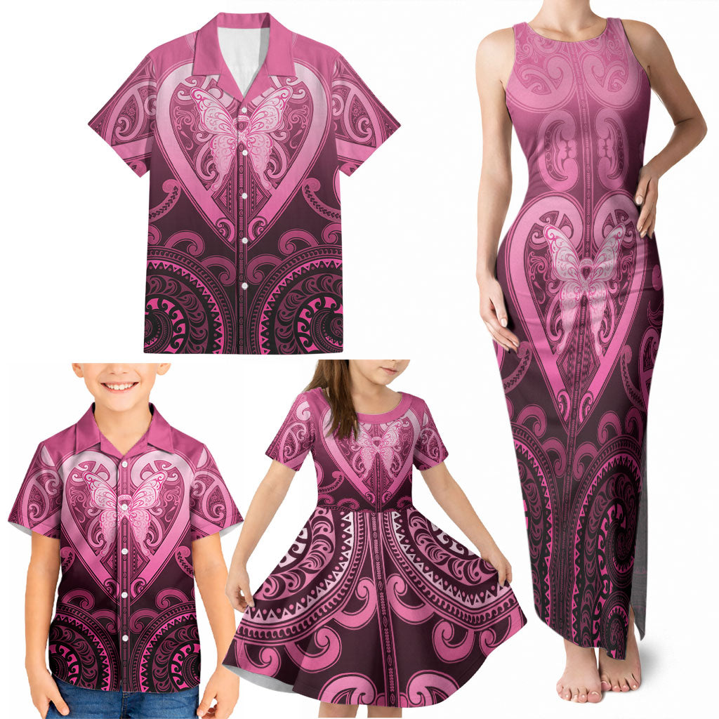 Aotearoa Breast Cancer Family Matching Tank Maxi Dress and Hawaiian Shirt Maori Tribal Pattern LT05 - Polynesian Pride
