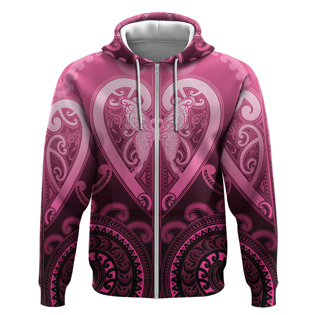 Aotearoa Breast Cancer Hoodie Maori Tribal Pattern LT05 Zip Hoodie Pink - Polynesian Pride