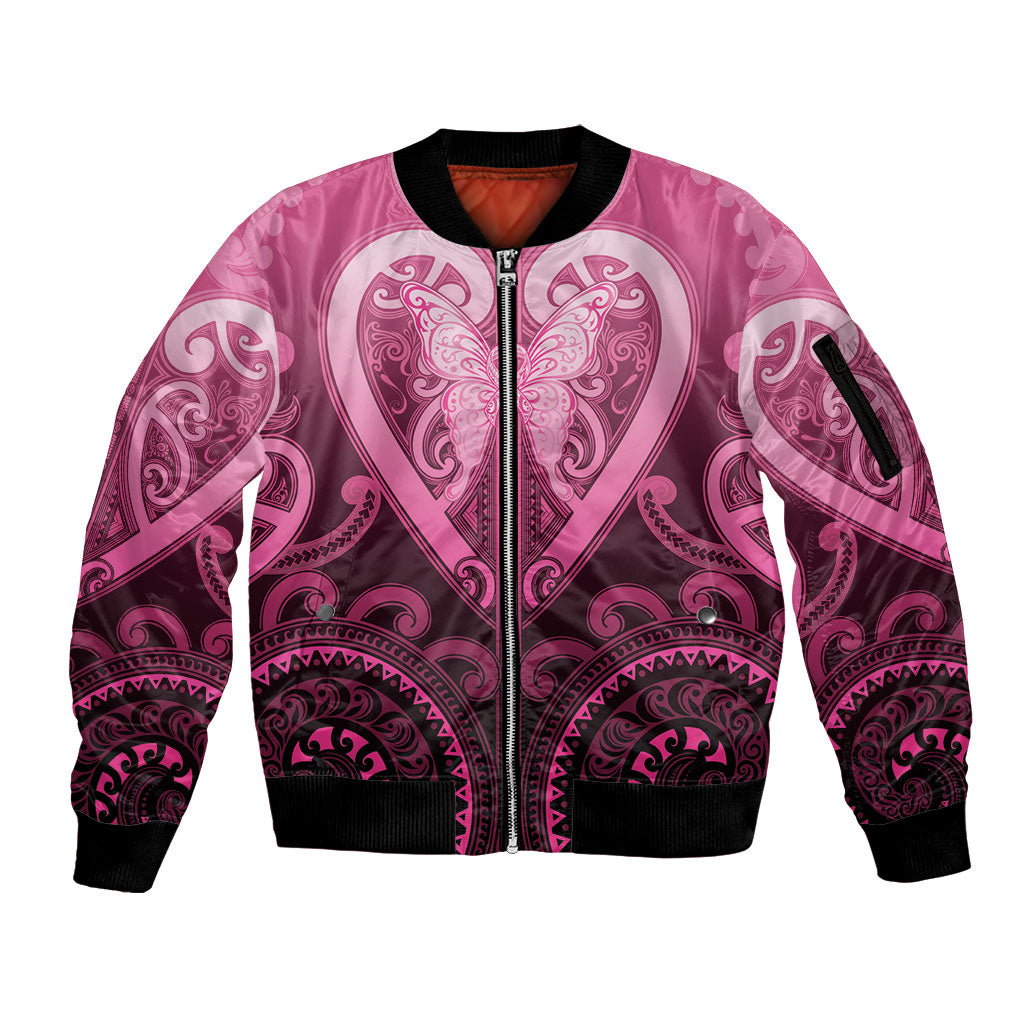 Aotearoa Breast Cancer Sleeve Zip Bomber Jacket Maori Tribal Pattern LT05 Unisex Pink - Polynesian Pride