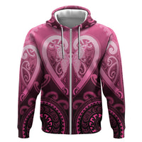 Aotearoa Breast Cancer Zip Hoodie Maori Tribal Pattern LT05 Zip Hoodie Pink - Polynesian Pride