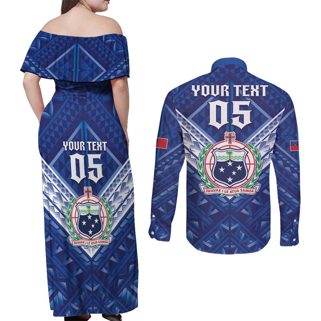 Toa Samoa Rugby Custom Couples Matching Off Shoulder Maxi Dress and Long Sleeve Button Shirt Samoan Pride With Tribal Pattern - Polynesian Pride