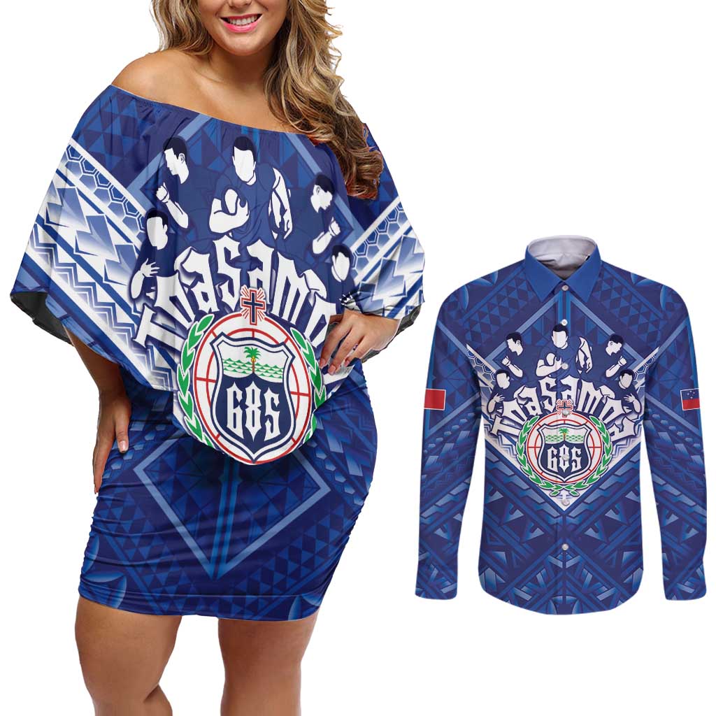 Toa Samoa Rugby Custom Couples Matching Off Shoulder Short Dress and Long Sleeve Button Shirt Samoan Pride With Tribal Pattern - Polynesian Pride