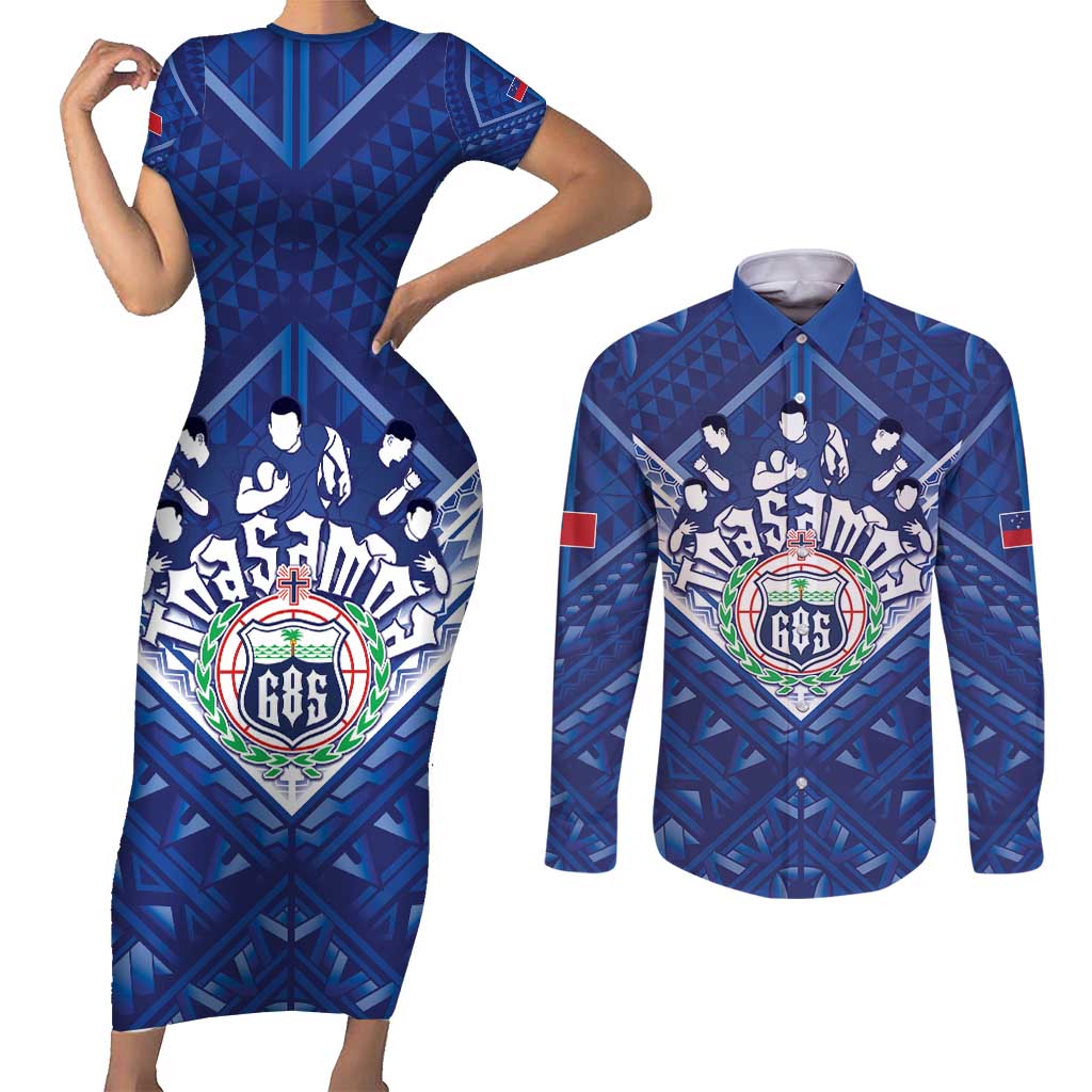 Toa Samoa Rugby Custom Couples Matching Short Sleeve Bodycon Dress and Long Sleeve Button Shirt Samoan Pride With Tribal Pattern - Polynesian Pride