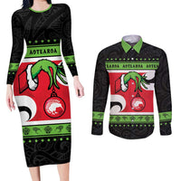New Zealand Funny Christmas Couples Matching Long Sleeve Bodycon Dress and Long Sleeve Button Shirt Maori Tiki