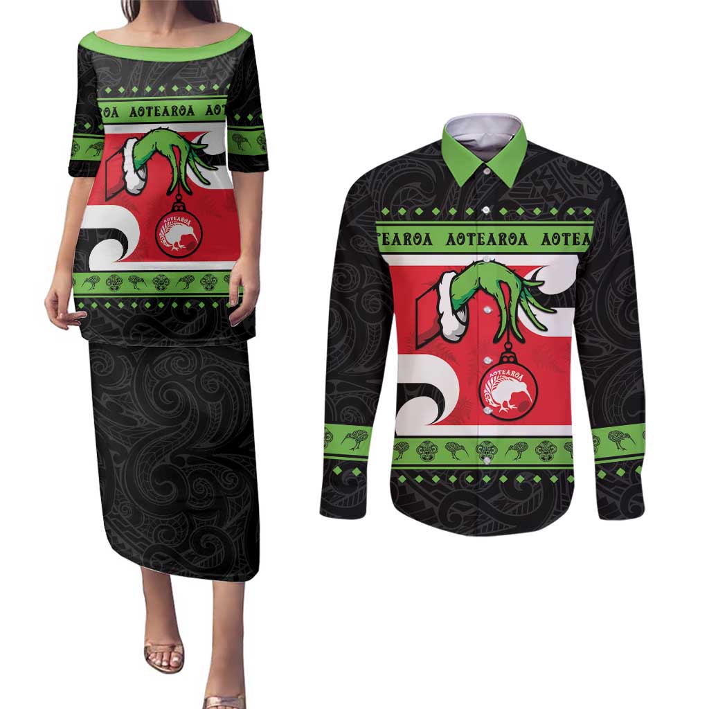 New Zealand Funny Christmas Couples Matching Puletasi and Long Sleeve Button Shirt Maori Tiki