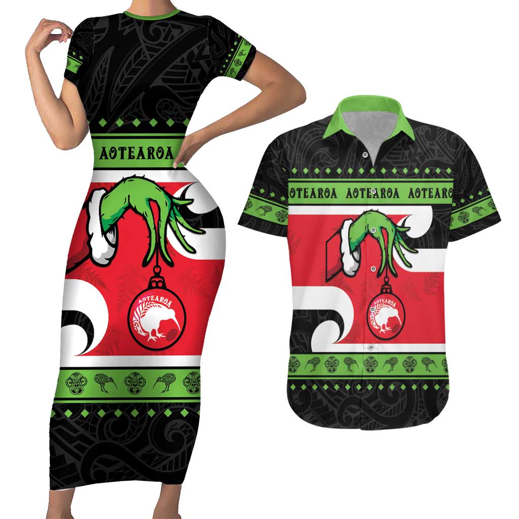 New Zealand Funny Christmas Couples Matching Short Sleeve Bodycon Dress and Hawaiian Shirt Maori Tiki