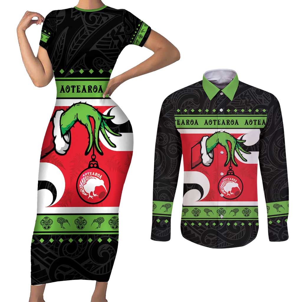 New Zealand Funny Christmas Couples Matching Short Sleeve Bodycon Dress and Long Sleeve Button Shirt Maori Tiki