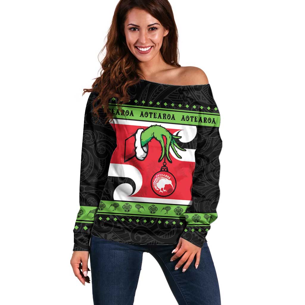 New Zealand Funny Christmas Off Shoulder Sweater Maori Tiki