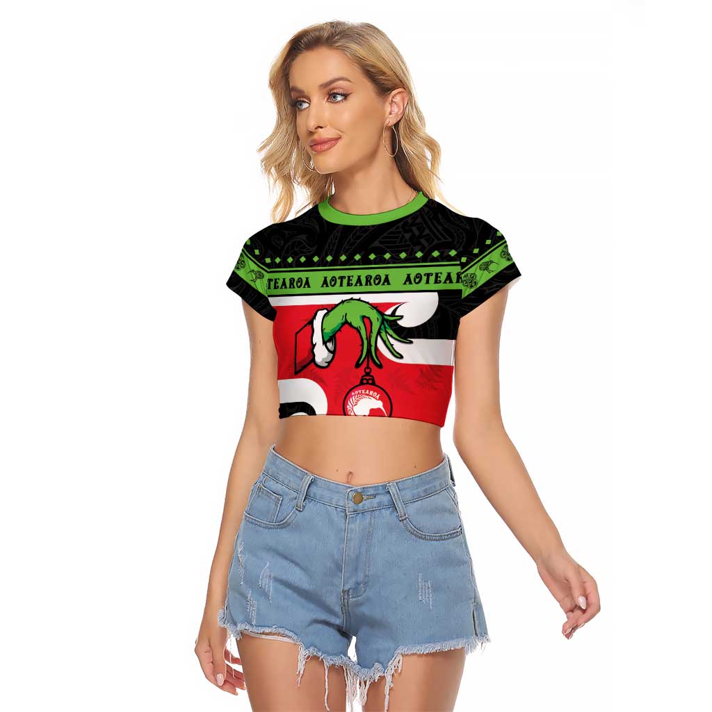 New Zealand Funny Christmas Raglan Cropped T Shirt Maori Tiki