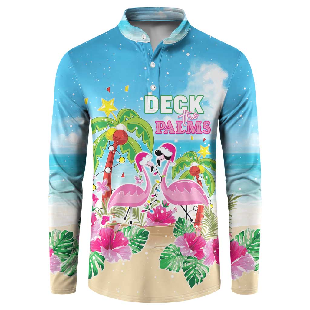 Hawaii Christmas Button Sweatshirt Deck The Palms Holiday Flamingos