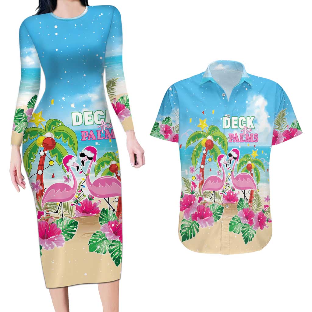 Hawaii Christmas Couples Matching Long Sleeve Bodycon Dress and Hawaiian Shirt Deck The Palms Holiday Flamingos