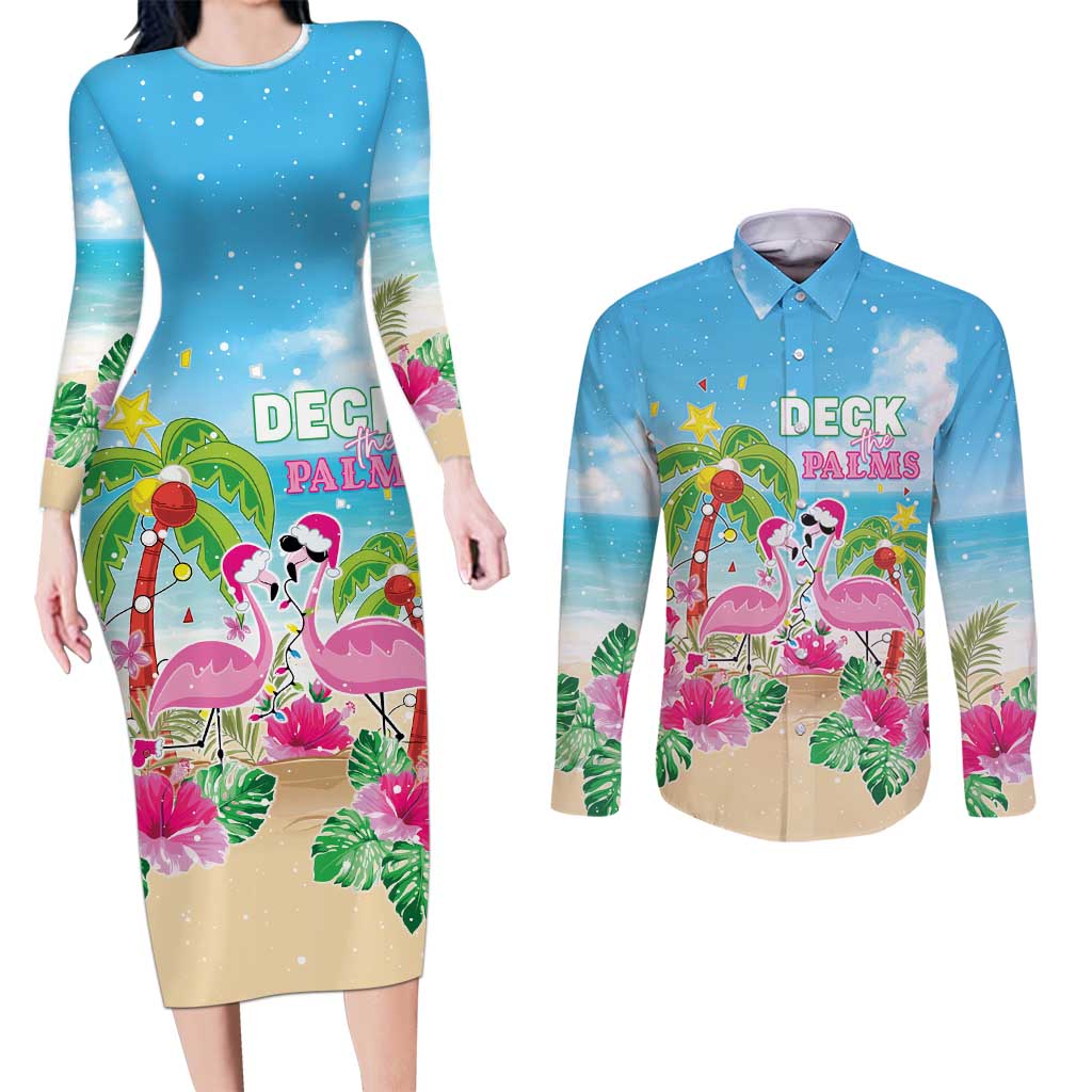 Hawaii Christmas Couples Matching Long Sleeve Bodycon Dress and Long Sleeve Button Shirt Deck The Palms Holiday Flamingos