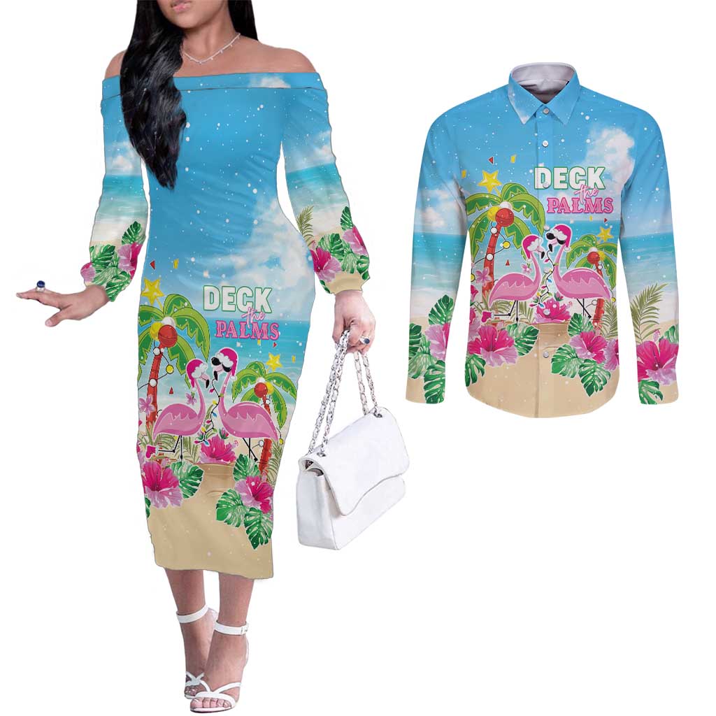 Hawaii Christmas Couples Matching Off The Shoulder Long Sleeve Dress and Long Sleeve Button Shirt Deck The Palms Holiday Flamingos